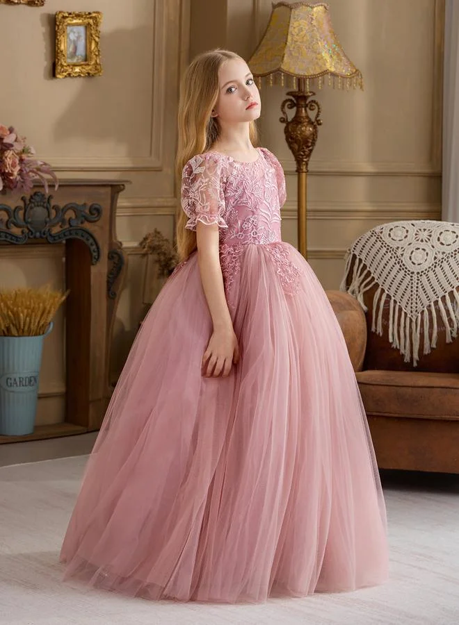 Take Two Girls Pink Floral Lace Puff Sleeve Maxi Dress